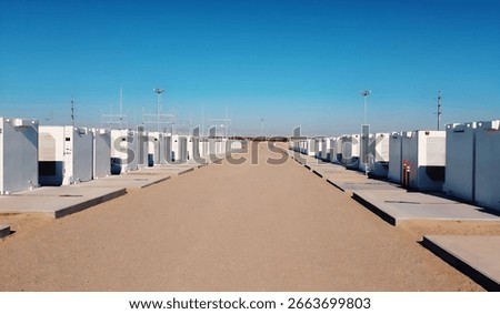 Image of a Central Pathway Between Battery Energy Storage System (BESS) Containers in Desert Facility. Designed to support renewable integration, load balancing, and grid electricity.