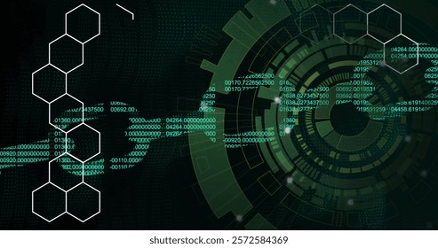 Image of chain of binary coding over scope scanning and shapes. Science and digital interface concept digitally generated image.