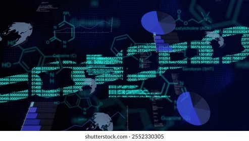 Image of chain and chemical formula over data processing and binary coding on black background. Global business, technology and digital interface concept, digitally generated image.