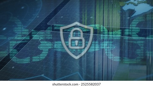 Image of chain and padlock icon over network and server room. Network, data, security, business, processing, digital interface and communication, digitally generated image. - Powered by Shutterstock