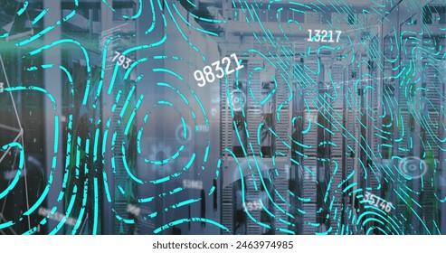 Image of changing numbers and abstract pattern over server room in background. Digital composite, multiple exposure, business, growth, networking, technology and network server concept.