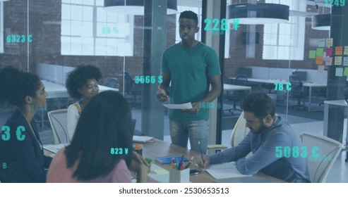 Image of changing numbers, currency symbols, diverse coworkers discussing reports in office. Digital composite, multiple exposure, business, growth, banking, planning and teamwork concept. - Powered by Shutterstock