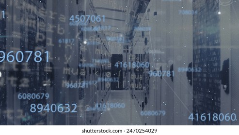 Image of changing numbers, data processing and network of connections against server room. Computer interface and business data storage technology concept