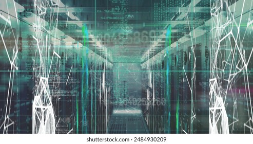 Image of changing numbers and data processing over plexus networks against server room. Global networking and business data storage technology concept