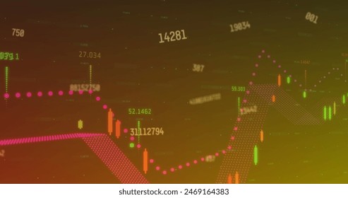 Image of changing numbers and financial data processing on orange gradient background. Global finance and business data technology concept