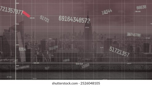 Image of changing numbers floating over data processing against aerial view of cityscape. Computer interface and business data technology concept - Powered by Shutterstock - Get 15% off with code: PIKWIZARD15