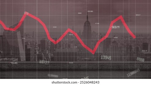 Image of changing numbers floating over data processing against aerial view of cityscape. Computer interface and business data technology concept
