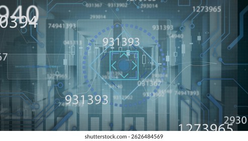 Image of changing numbers and focus over servers. computers, network and technology concept digitally generated image.