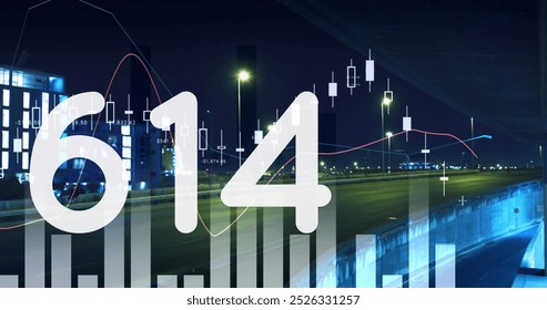 Image of changing numbers, graphs, time lapse of moving vehicles against modern buildings. Digital composite, multiple exposure, report, business, growth, transportation and architecture concept. - Powered by Shutterstock