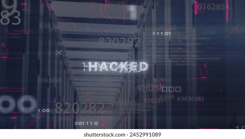 Image of changing numbers, hacked text, computer language and binary codes over server room. Digital composite, multiple exposure, coding, business, growth, technology and network server concept.