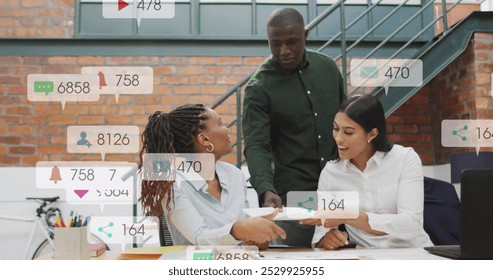 Image of changing numbers, icons in notification bars, diverse coworkers sharing ideas in office. Digital composite, technology, social media reminder, business, growth, teamwork concept. - Powered by Shutterstock