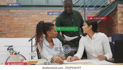 Image of changing numbers, icons in notification bars, diverse coworkers sharing ideas in office. Digital composite, technology, social media reminder, business, growth, teamwork concept. - Powered by Shutterstock