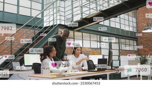 Image of changing numbers, icons in notification bars, diverse coworkers sharing ideas in office. Digital composite, technology, social media reminder, business, growth, teamwork concept. - Powered by Shutterstock