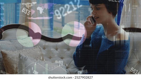 Image of changing numbers, infographic interface, caucasian woman talking on cellphone at home. Digital composite, multiple exposure, report, business, global and technology concept.