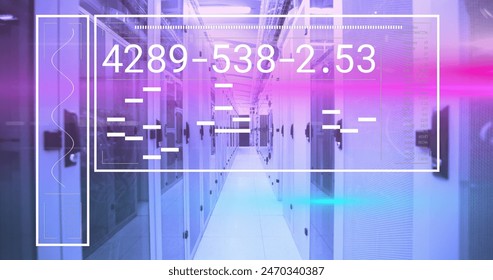 Image of changing numbers, lines and loading bars in rectangle over server room. Digital composite, multiple exposure, business, progress, technology, data center, network server concept.