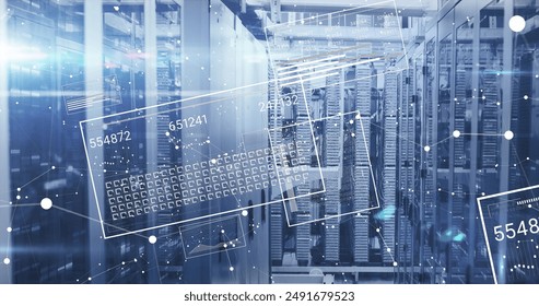 Image of changing numbers loading bars and squares over server room in background. Digital composite, multiple exposure, progress, growth, technology and network server concept.