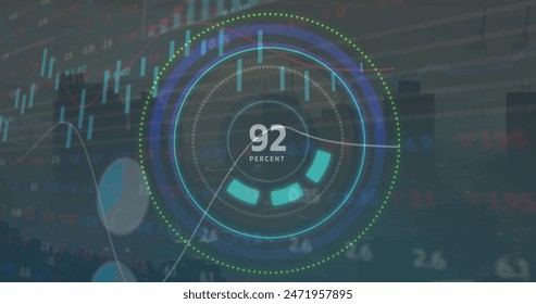 Image of changing numbers in loading circles, graphs, trading board over modern city. Digital composite, multiple exposure, report, business, growth, progress and architecture concept.