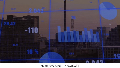 Image of changing numbers and multiple graphs over modern buildings against sky. Digital composite, multiple exposure, report, business, growth and architecture concept.