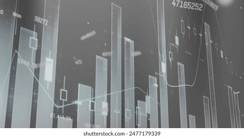Image of changing numbers and multiple graphs over gray background. Digitally generated, hologram, illustration, report, growth, digits, abstract and business concept.
