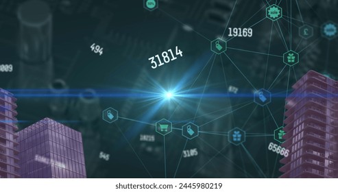 Image of changing numbers and network of digital icons against closeup of a computer server. Computer interface and business data storage technology concept