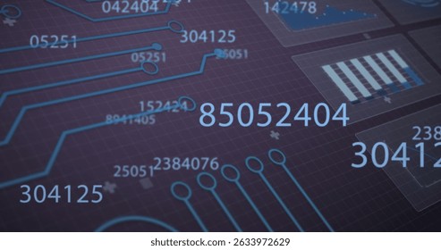 Image of changing numbers over interface with data processing and microprocessor connections. Computer interface and business technology concept