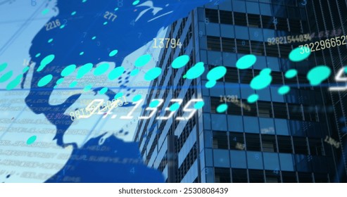 Image of changing numbers over world map and data processing against tall buildings. Computer interface and business technology concept