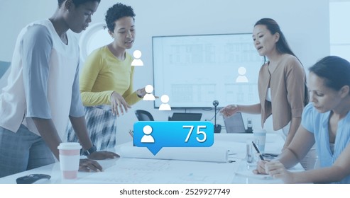 Image of changing numbers, profile icons, message box, diverse female architects sharing ideas. Digital composite, multiple exposure, business, growth, planning and teamwork concept.