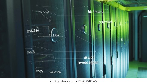 Image of changing numbers rotating over servers. data processing, global network and technology concept digitally generated image.