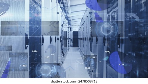Image of changing numbers, round scanners and data processing against server room. Computer interface and business data storage technology concept