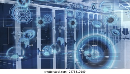 Image of changing numbers, round scanners and data processing against server room. Computer interface and business data storage technology concept