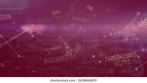 Image of changing numbers and statistical data processing against aerial view of cityscape. Global networking and business technology concept