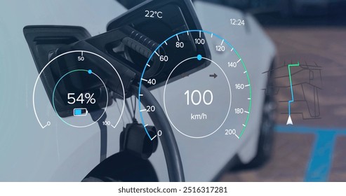 Image of charge and speedometer dials over electric car at charging port. Transport, fuel, digital interface, energy, connection and communication, digitally generated image. - Powered by Shutterstock