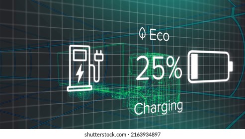 Image of charge status data on electric vehicle interface, over 3d truck model. transport and technology, engineering design and digital interface concept digitally generated image. - Powered by Shutterstock