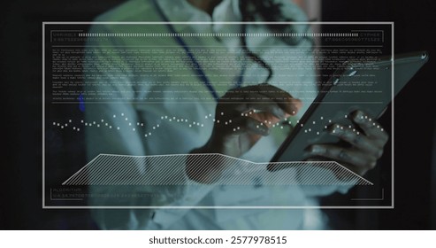 Image of chart and data processing over midsection of biracial businesswoman using tablet. Network, data, digital interface, business and communication, digitally generated image.