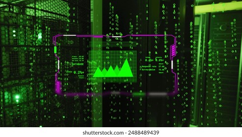 Image of chart on interface screen and binary data processing over dark computer servers. Connection, data, processing, business, digital interface and communication, digitally generated image.