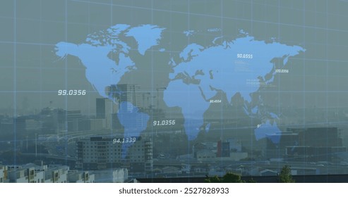 Image of chart over map of world and cityscape. Global business, data processing and digital interface concept digitally generated image.