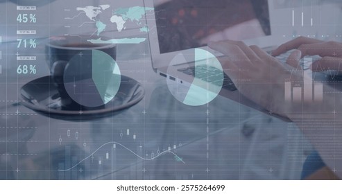 Image of charts and data processing over hands of caucasian woman using laptop. Connection, data, business, processing, digital interface and communication, digitally generated image.