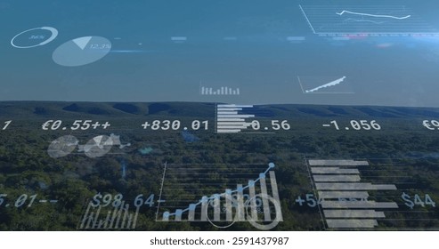 Image of charts and financial data processing over landscape. Network, data, digital interface, connection, finance, business and communication, digitally generated image.