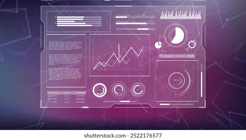 Image of charts processing data on interface screens over networks on dark background. Connection, data, processing, digital interface and communication, digitally generated image.
