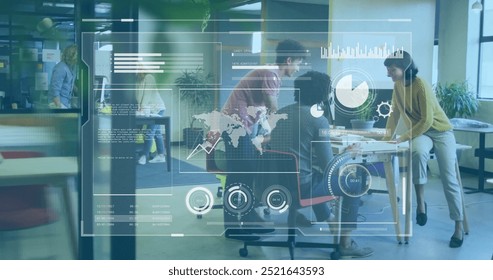 Image of charts processing data over diverse architects discussing model. Digital interface, network, connection, business, design, architecture and communication, digitally generated image.