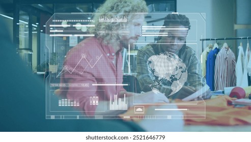 Image of charts processing data over diverse male fashion designers talking at studio. Digital interface, network, connection, business, design and global communication, digitally generated image. - Powered by Shutterstock