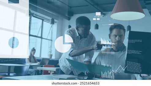 Image of charts and processing data over diverse male colleagues discussing at casual office. Digital interface, network, business, teamwork and global communication, digitally generated image.