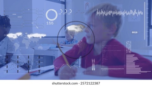 Image of charts processing data over caucasian schoolboy writing at desk in class. Education, learning, connection, digital interface and communication, digitally generated image.