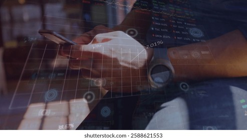 Image of charts and processing data over hands of caucasian man using smartphone. Connection, data, processing, business, digital interface and global communication, digitally generated image.