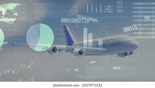 Image of charts, world map and data processing aeroplane flying in blue cloudy sky. Global finance, business, travel, data and digital interface concept digitally generated image. - Powered by Shutterstock