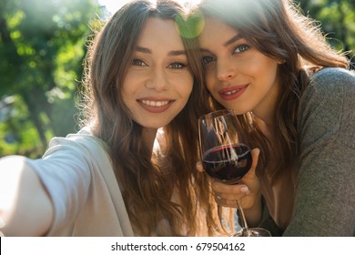Image of cheerful young two women outdoors in park drinking wine make selfie. Looking camera.