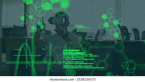 Image of chemical compounds and medical data processing over man wearing vr headset. science and data processing concept digitally generated image. - Powered by Shutterstock - Get 15% off with code: PIKWIZARD15