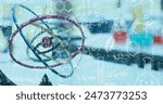 Image of chemical compounds and scientific formulas over atom model in laboratory. science research and medicine concept digitally generated image.