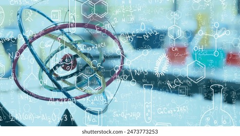 Image of chemical compounds and scientific formulas over atom model in laboratory. science research and medicine concept digitally generated image. - Powered by Shutterstock