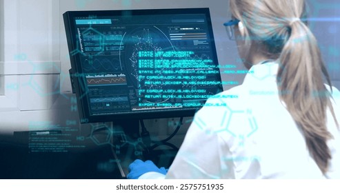 Image of chemical formula and data processing over caucasian female scientist in lab. Global science, computing and digital interface concept digitally generated image.